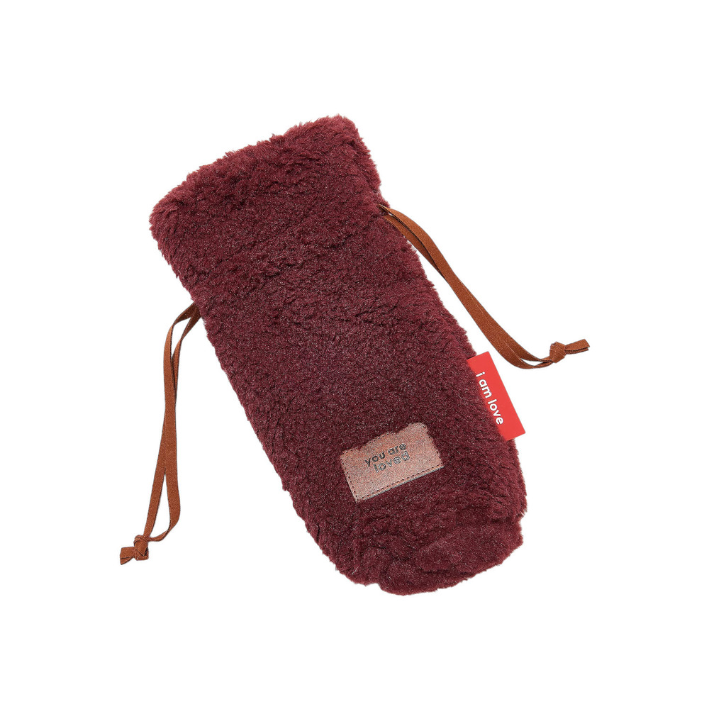 Peace Love World Faux Fur Wine Bag with Drawstring Burgundy